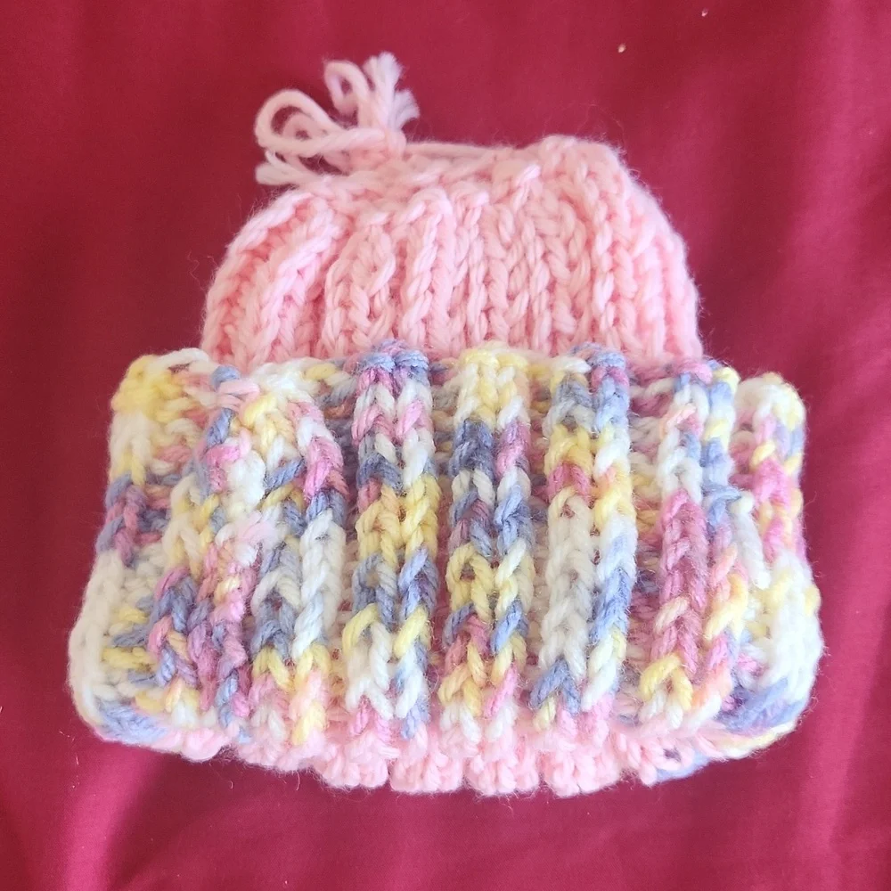 Hand knitted set of baby hat and booties